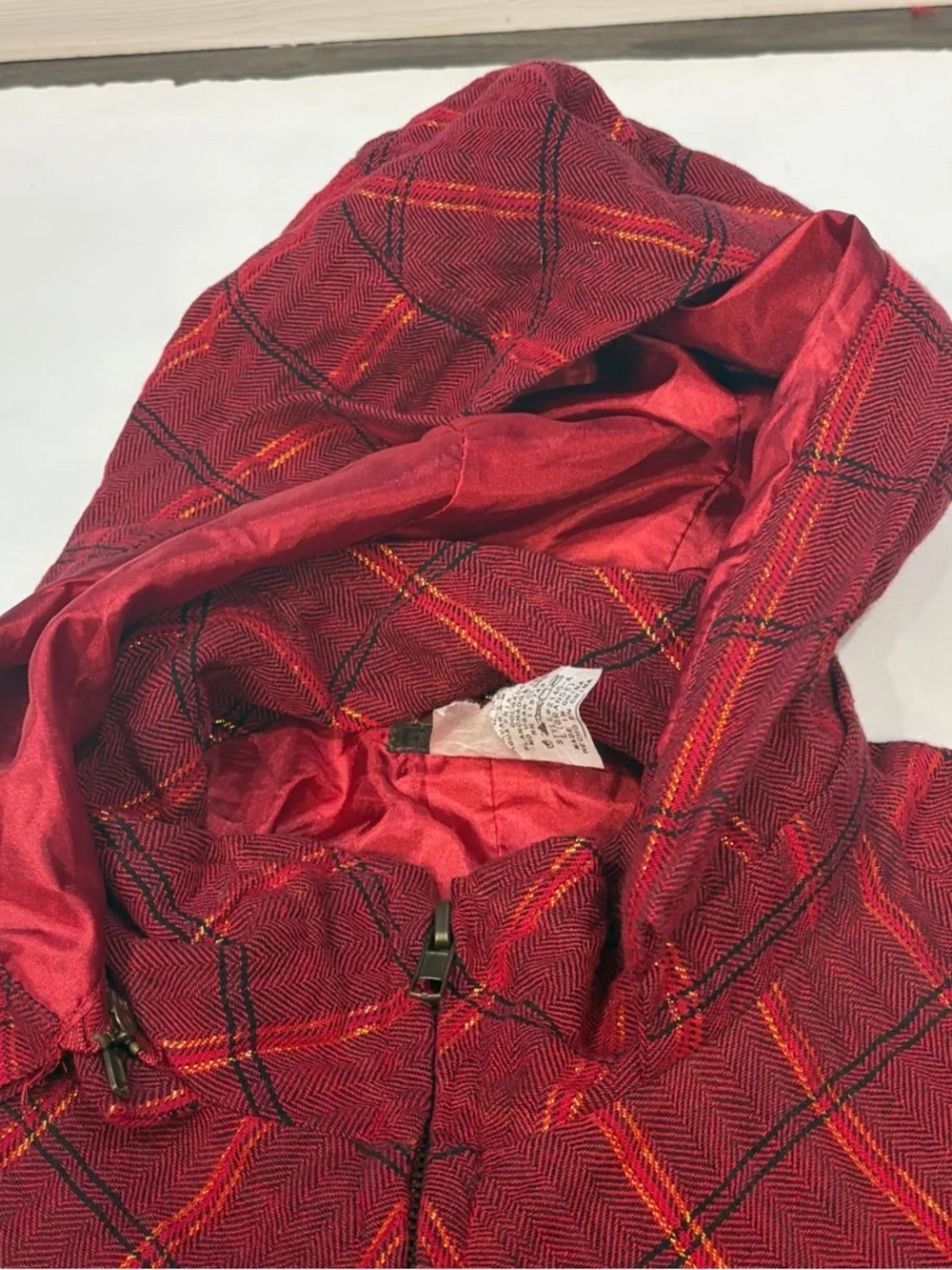 Feline Red Gold Plaid Cropped Full Zip Jacket Detachable Hood Junior Size Large - Picture 3 of 16